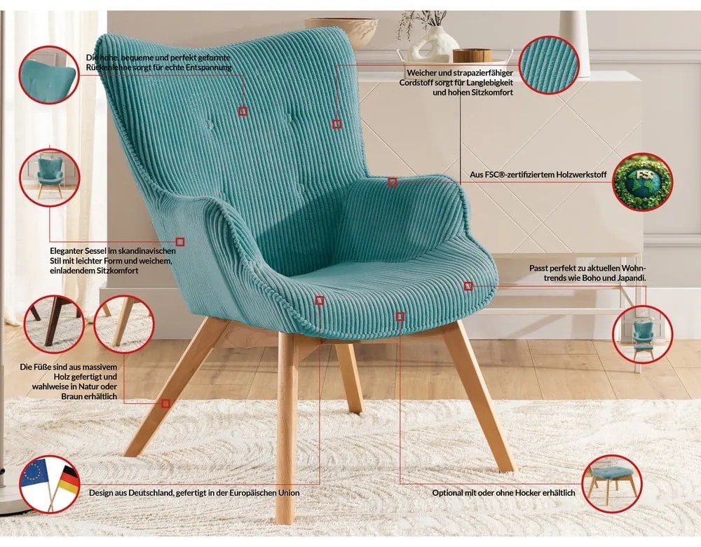 Türkiz kordbársony fotel Niko – Ropez