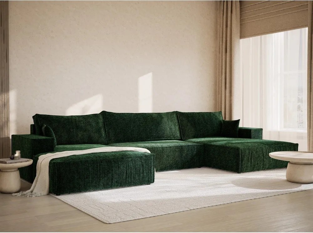 Sötétzöld zsenília kinyitható-tárolóhelyes sarokkanapé (U alakú) Kyoto – Maison de Rêve
