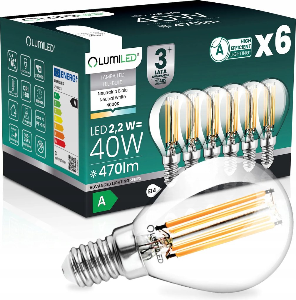 6 db E14 Led Filament Izzó A Osztály 2,2W 470LM 40W 4000K 360° Gömb
