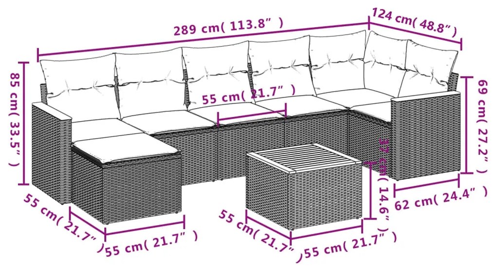 8 részes fekete polyrattan kerti ülőgarnitúra párnákkal