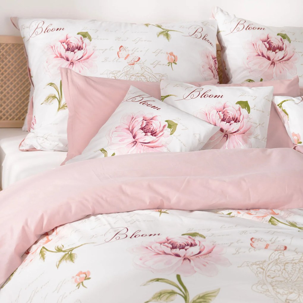 Goldea pamut ágyneműhuzat duo - pünkösdirózsa mintás, púderrózsaszín hátoldal 140 x 200 és 70 x 90 cm