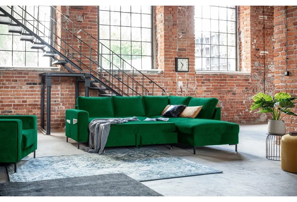 Sötétzöld bársony kinyitható sarokkanapé (jobb oldali) Lofty Lilly – Miuform