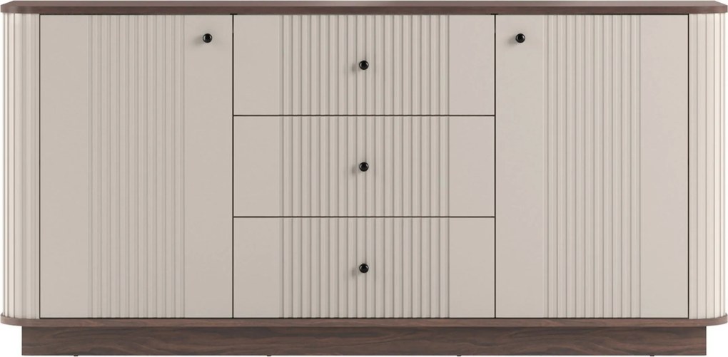 Vesper komód 160 cm fiókokkal szegélytalpon - kasmír / dió / fekete fogantyúk