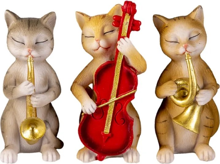 Dekoratív szobrocskák 3 macskáról, akik hangszereken játszanak 14x6x