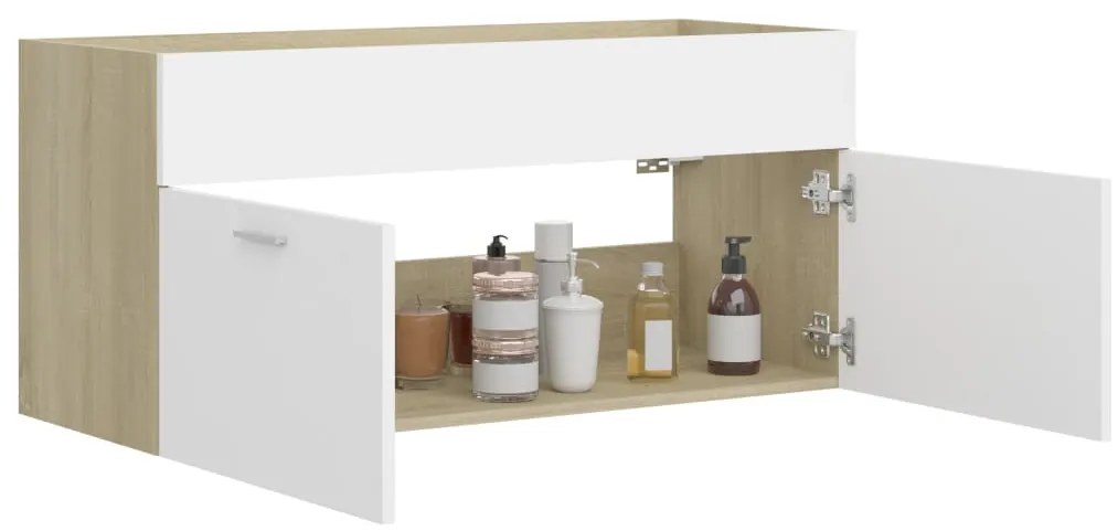Fehér és sonoma tölgy szerelt fa mosdószekrény 100x38,5x46 cm
