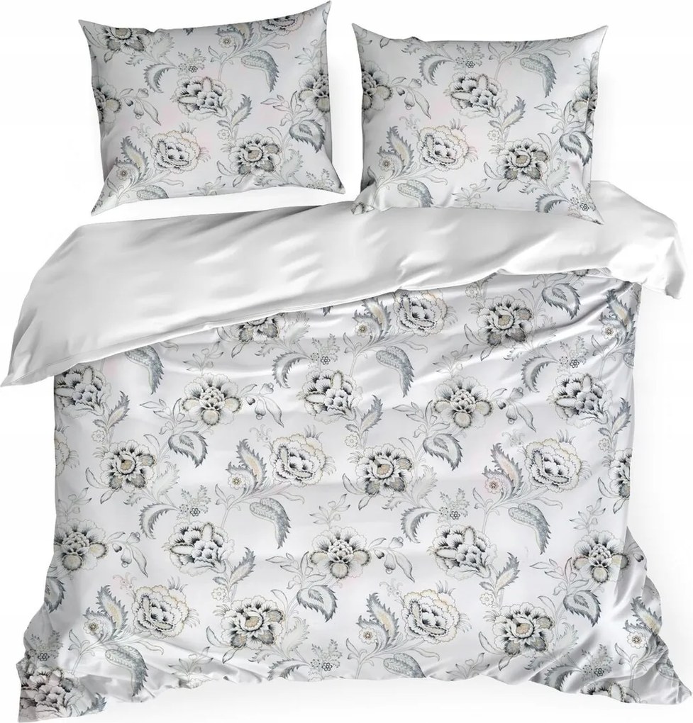 Szatén ágyneműhuzat 220x200 Virágok világoskék/fehér