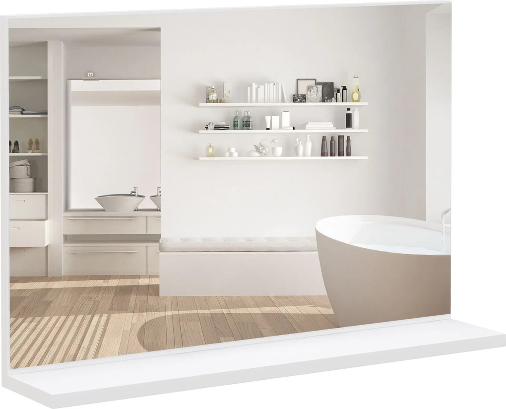 kleankin Fali Fürdőszobai Tükör Polccal, Modern, Többfunkciós Tükör Fürdőszobába, Hálószobába és Előszobába, 60x12x40 cm, Fehér | Aosom