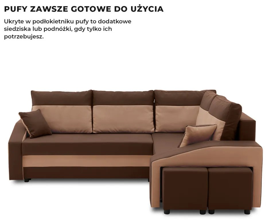 Grande sarokkanapé polcokkal és puffokkal , polc a bal karfaban puffok a jobb karfaban, jobboldali, szövet anyag, hab töltet, barna