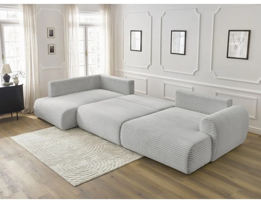 Világosszürke kordbársony kinyitható sarokkanapé (jobb oldali-U alakú) Lucien – Bobochic Paris
