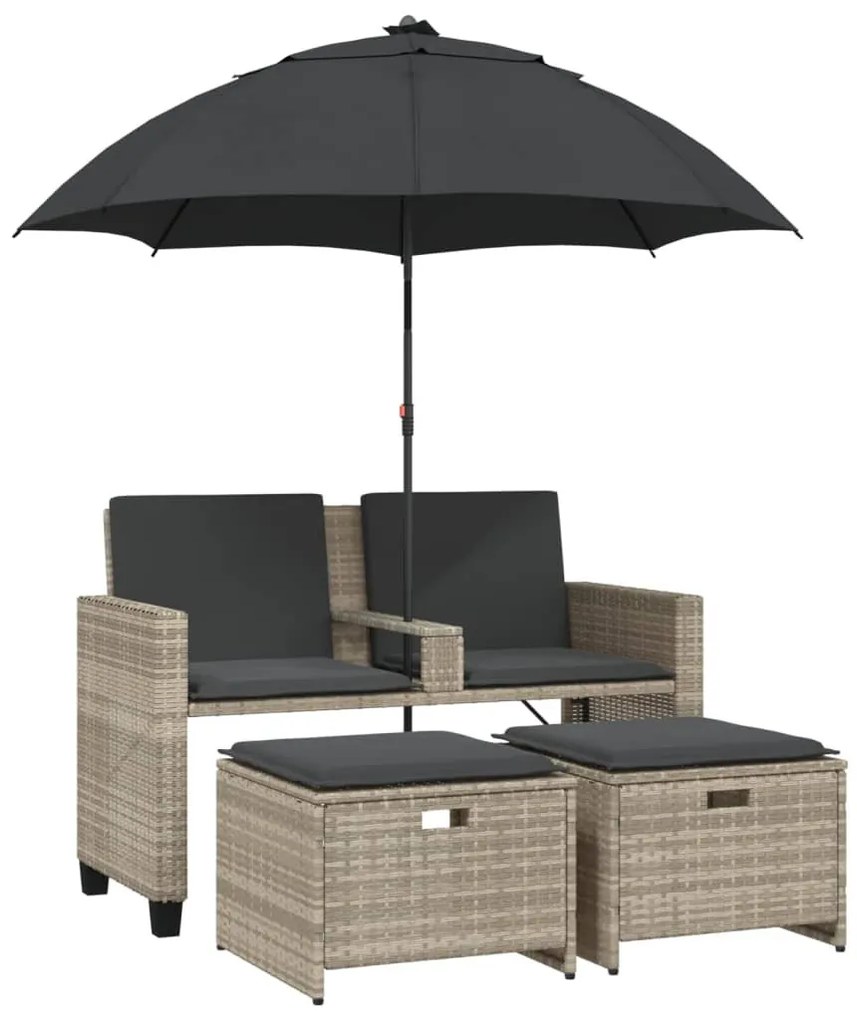 2 személyes polyrattan kerti kanapé napernyővel/székkel