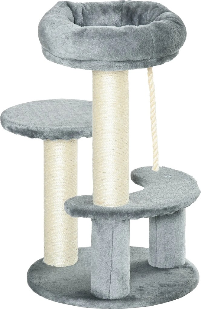 PawHut Macska Mászófa Hintaággyal, 3-Szintes Játékfa Macskaággyal és Kaparóoszloppal, Ülőfelülettel, Zsákos Oszlopok, Szürke Ø40 x H65 cm | Aosom