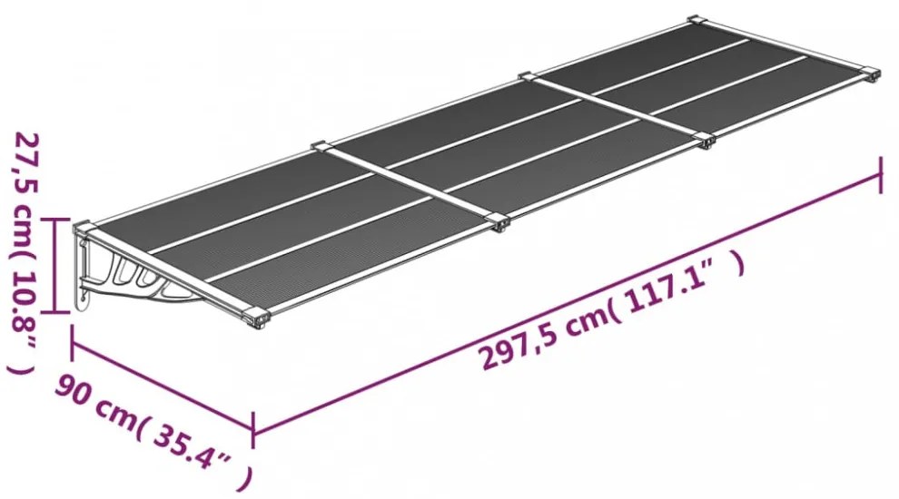 fekete és átlátszó polikarbonát ajtóelőtető 297,5 x 90 cm