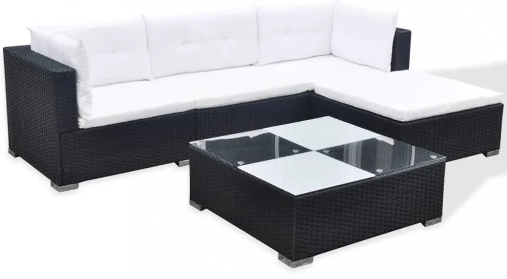 vidaXL 5-részes fekete polyrattan kerti bútorszett párnákkal