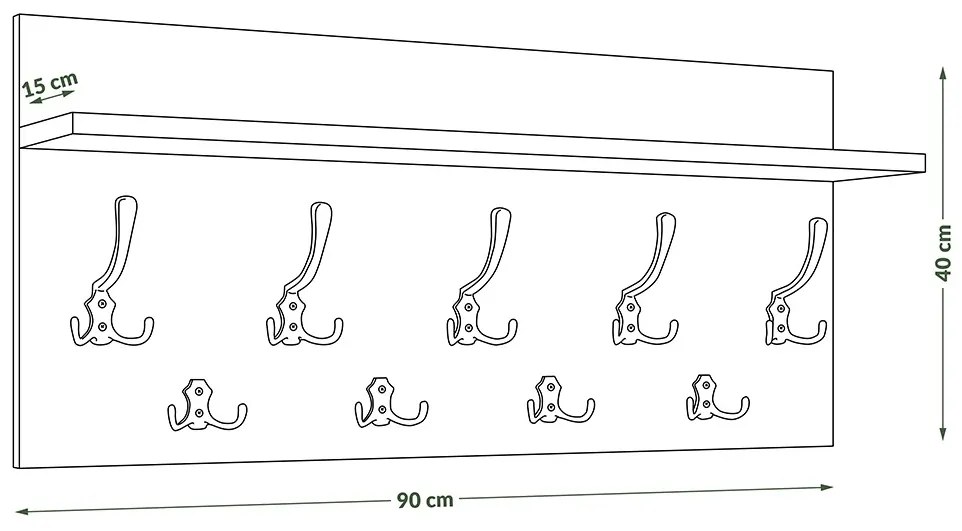 Mazzoni FINLO Arany Tölgy/Fekete Matt akasztók - MODERN FALI FOGAS POLCCAL ELŐSZOBÁBA 90 és 70 cm