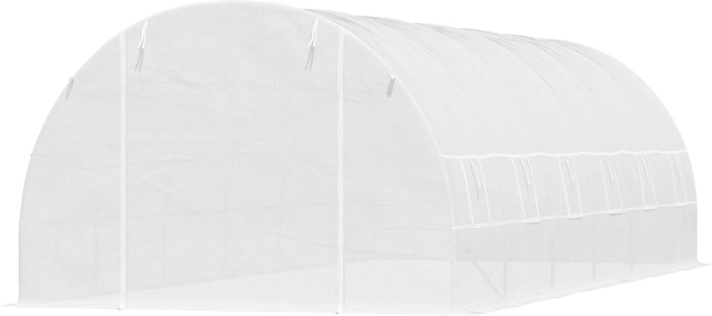 Outsunny Kültéri Alagútházh 8x3x2 m Kertiház 12 Ablakkal és Felhúzható Ajtóval Növények, Paradicsomok, Zöldségek Növesztéséhez Acél és PE 140 g/m² Feh
