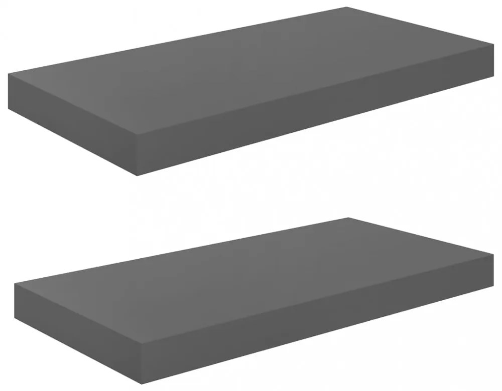 2 db magasfényű szürke MDF lebegő fali polc 50 x 23 x 3,8 cm