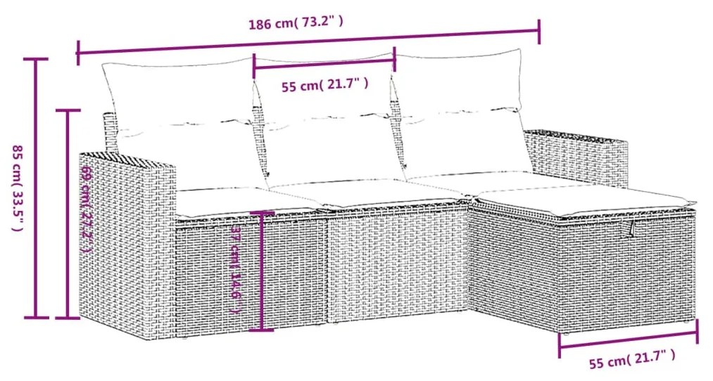 4 részes fekete polyrattan kerti ülőgarnitúra párnákkal