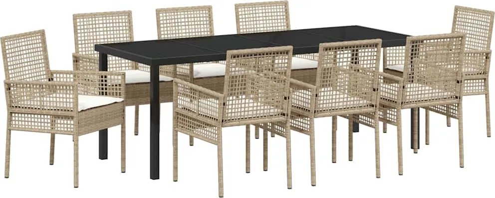 vidaXL Kert étkező szett párnával 9 pcs Bézs polirattan