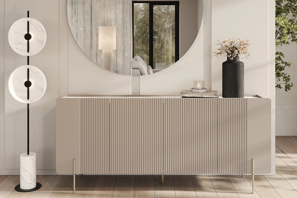 Malmi négyajtos komód fém lábakon - 200 cm - kasmír / crema bianca / arany lábak