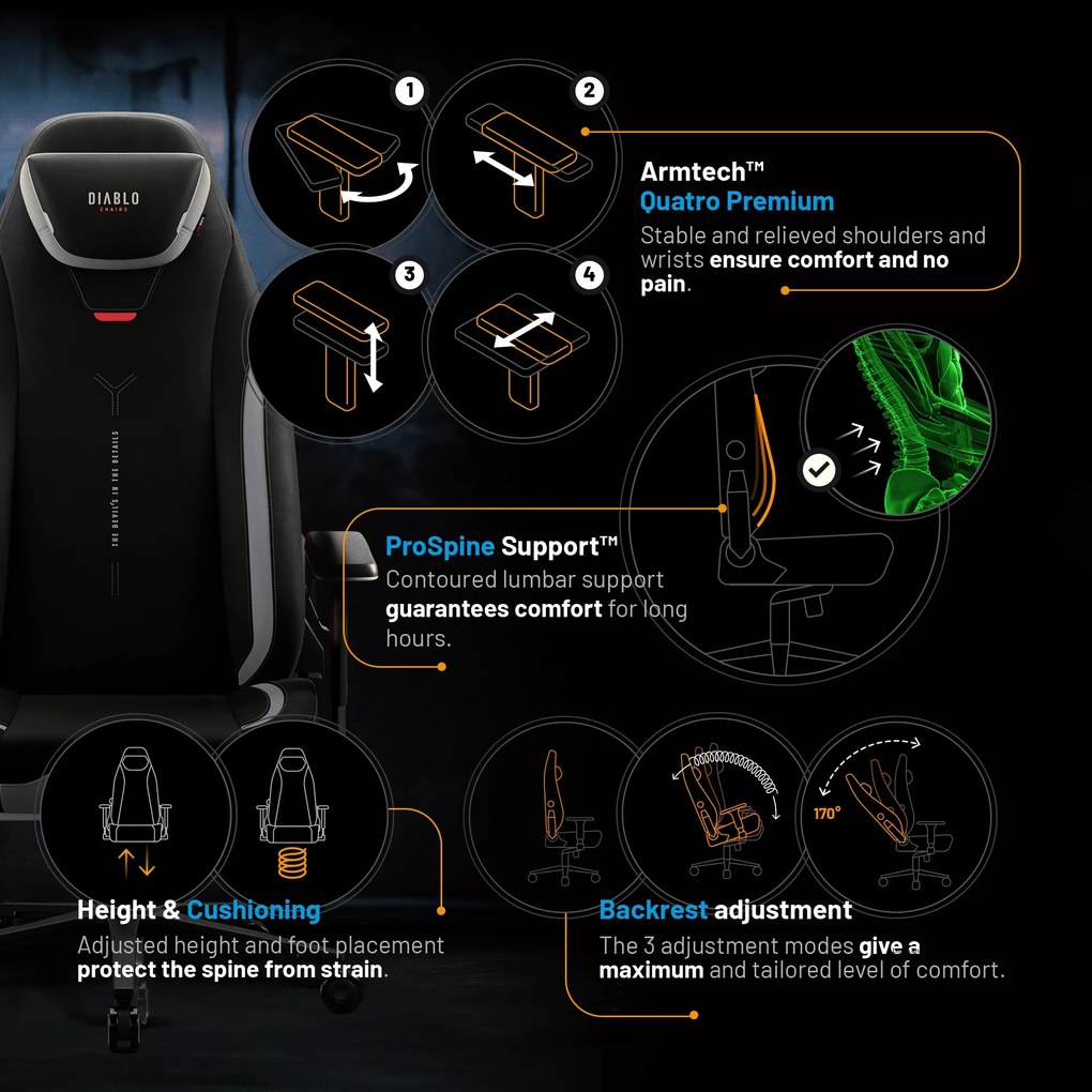 Gamer szék fekete Normal Size: Diablo X-Eye Prime Burned Black