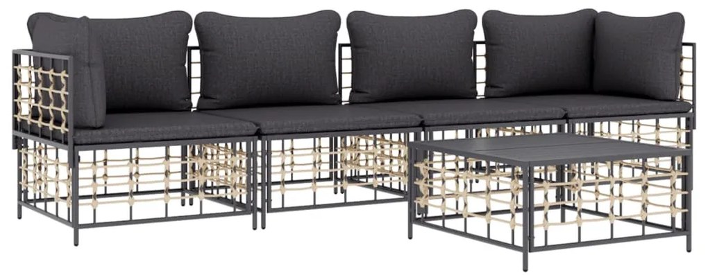 5 részes antracitszürke polyrattan kerti ülőgarnitúra párnákkal