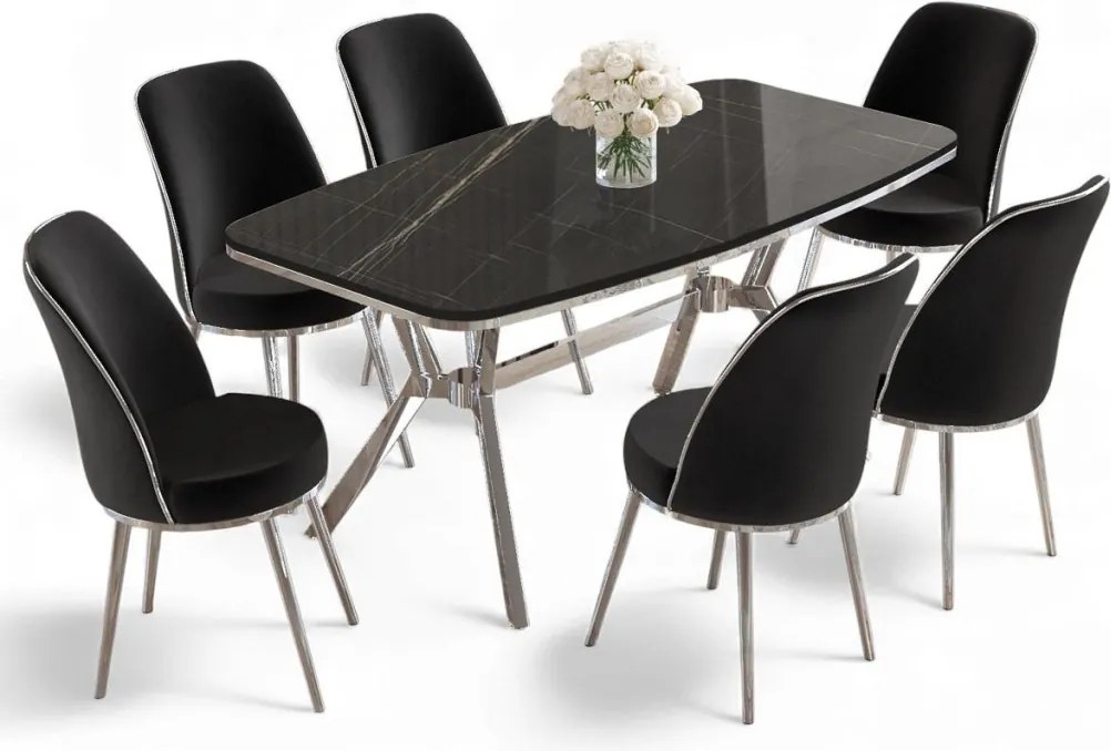 Lena étkezőgarnitúra, fekete márvány-króm, 160 cm – TR240CHR2906