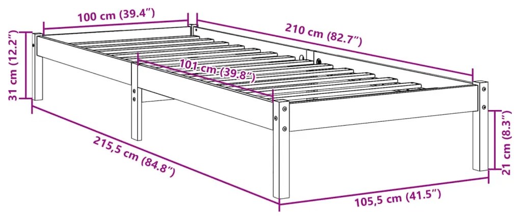 fehér tömör fenyő extra hosszú ágykeret matrac nélkül 100x210cm
