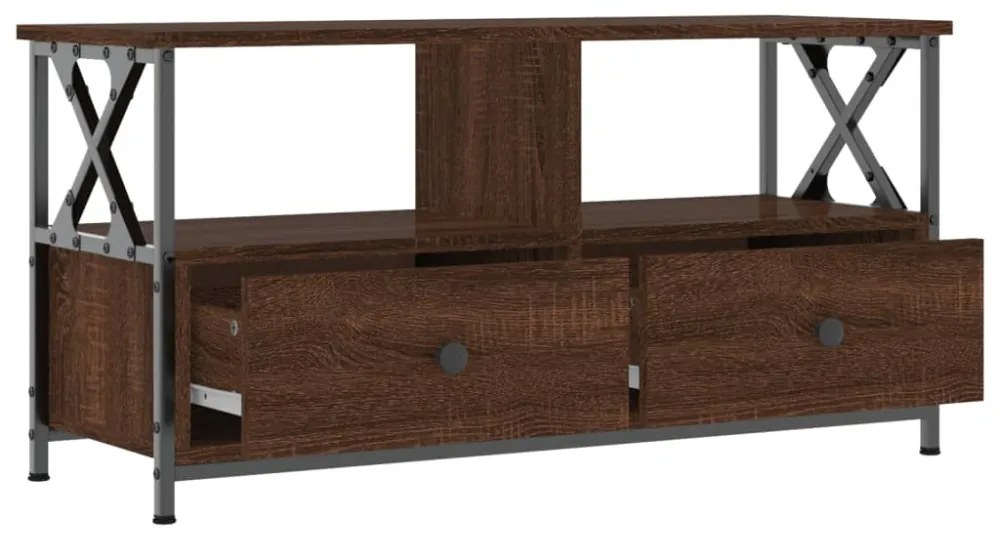 barna tölgyszínű szerelt fa és vas TV-szekrény 90x33x45 cm
