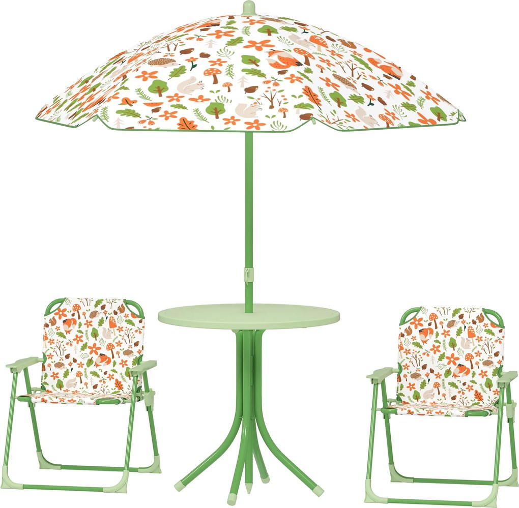 AIYAPLAY Gyermek Kerti Asztal és Szék Készlet 4 Részes, Gyerekeknek Kerek Asztallal és Hajtható Székekkel, Állítható Napernyő, Róka Design, Zöld | Aos