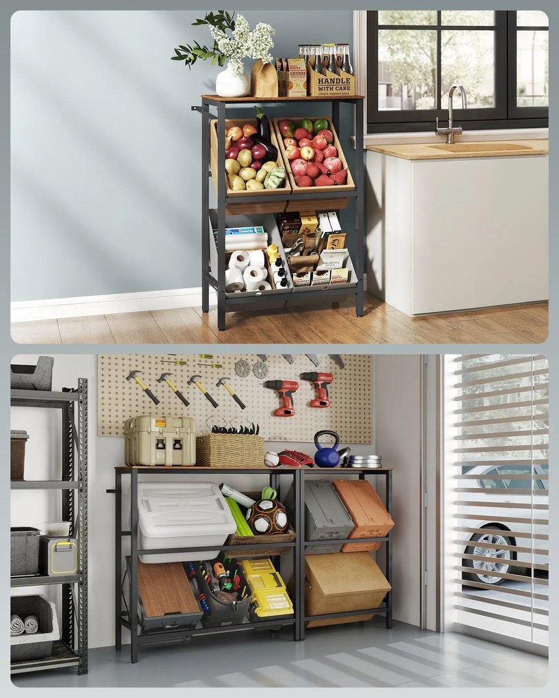 2 szintes, 4 rekeszes acél ital tároló állvány, vintage barna és fekete