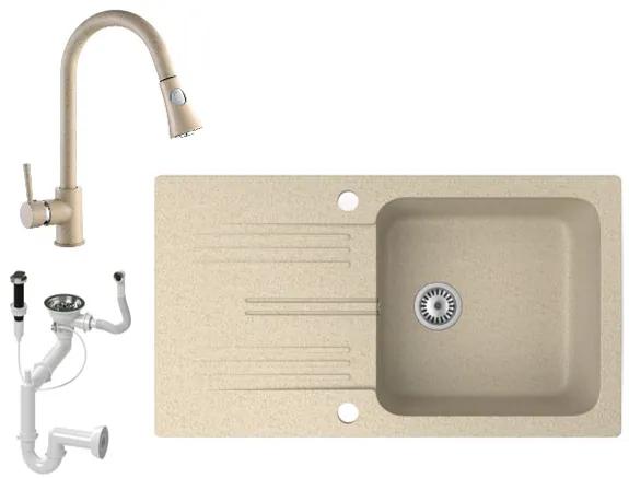 Gránit mosogató NERO Malta + kihúzható zuhanyfejes Snake csaptelep + dugókiemelő (bézs)