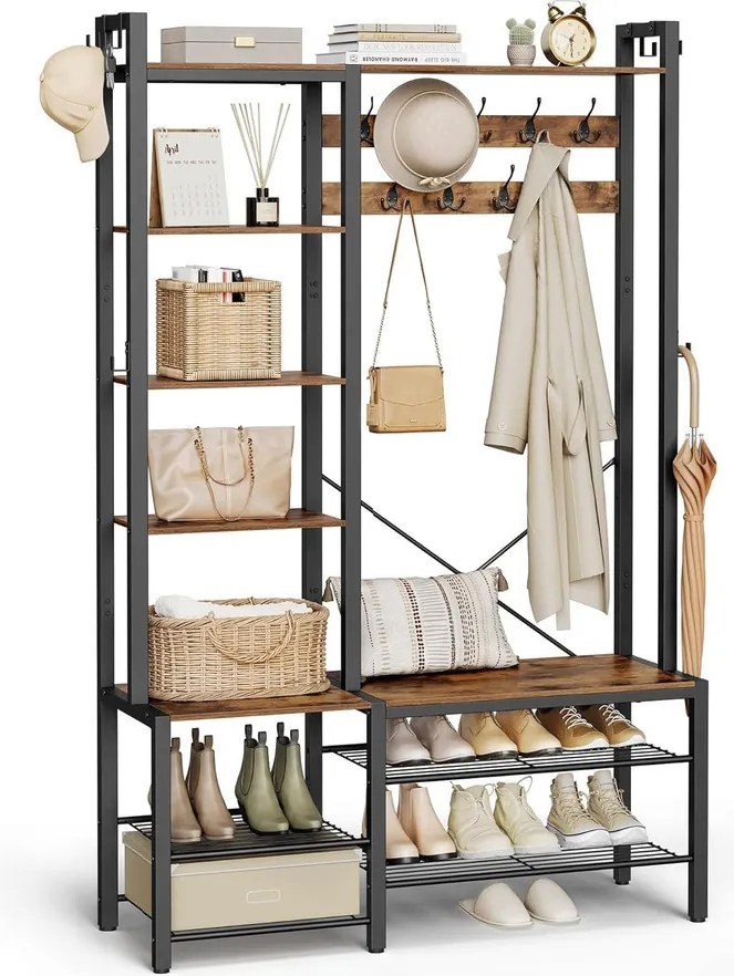 VASAGLE Előszobafal paddal és cipőtárolóval 140x120x190 cm, barna/fekete