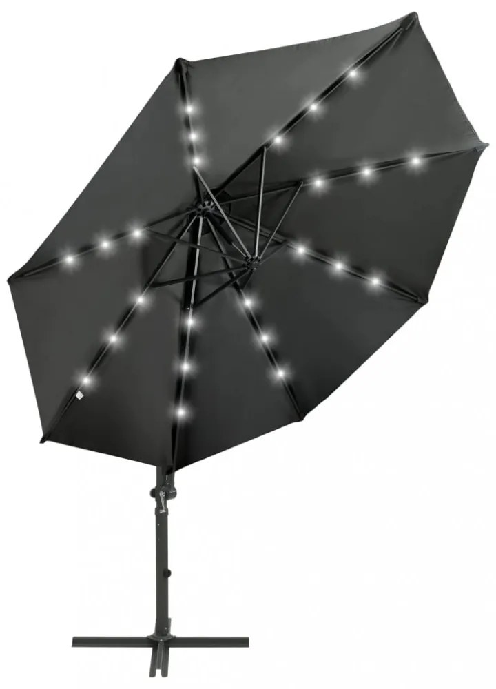 antracitszürke konzolos napernyő rúddal és LED-fényekkel 300 cm
