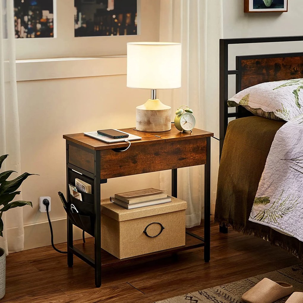 Éjjeliszekrény aljzatokkal Összecsukható asztallap, 60 x 60 x 31,5cm barna-fekete