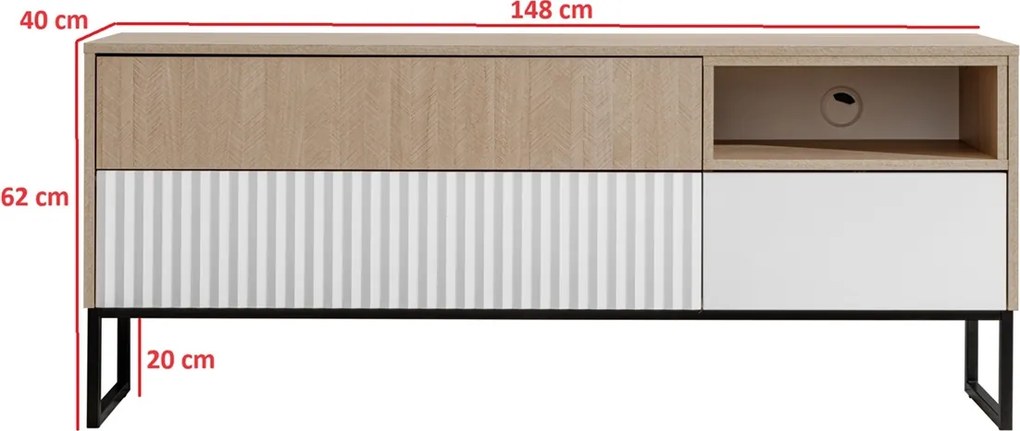 Bliwon TV-szekrény 148 cm fiókokkal - skandináv halszálka / fehér matt