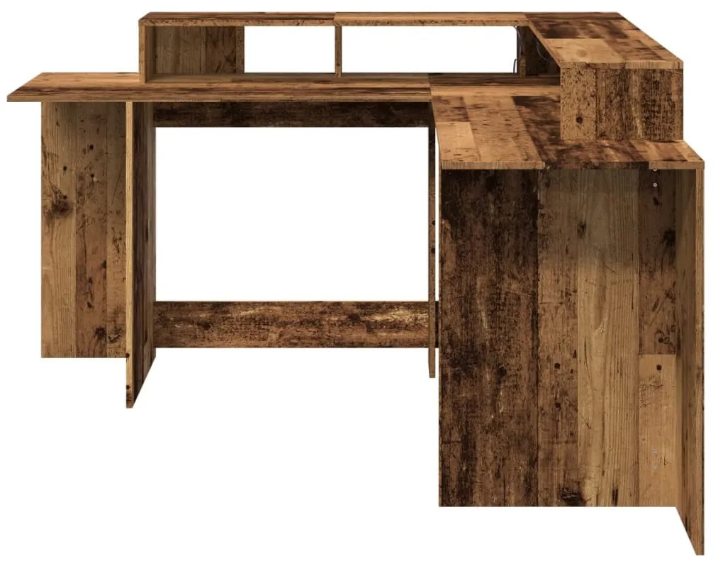 antik fa színű szerelt fa íróasztal LED-ekkel 152 x 152 x 91 cm