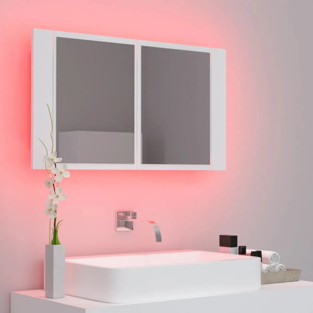 fehér akril LED-es fürdőszobaszekrény tükörrel 80x12x45 cm