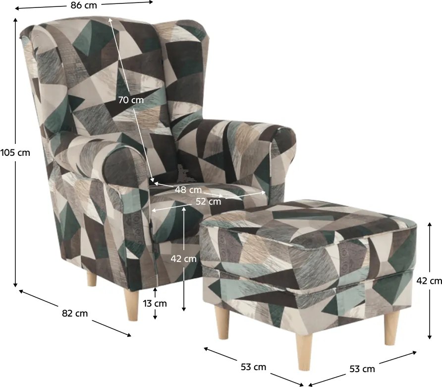 Füles fotel puffal, szövet barna-zöld minta, ASTRID