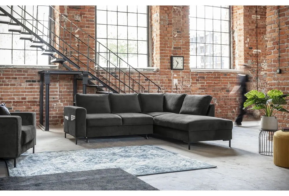 Sötétszürke bársony kinyitható sarokkanapé (jobb oldali) Lofty Lilly – Miuform