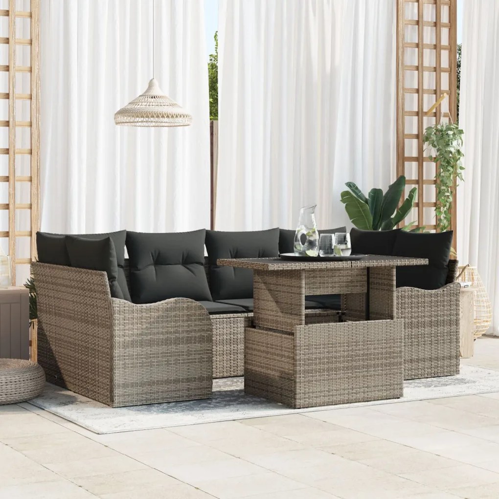 7 részes kertibútor szett párnákkal szürke poly rattan, 2 személyes kertibútor párnákkal szürke poly rattan