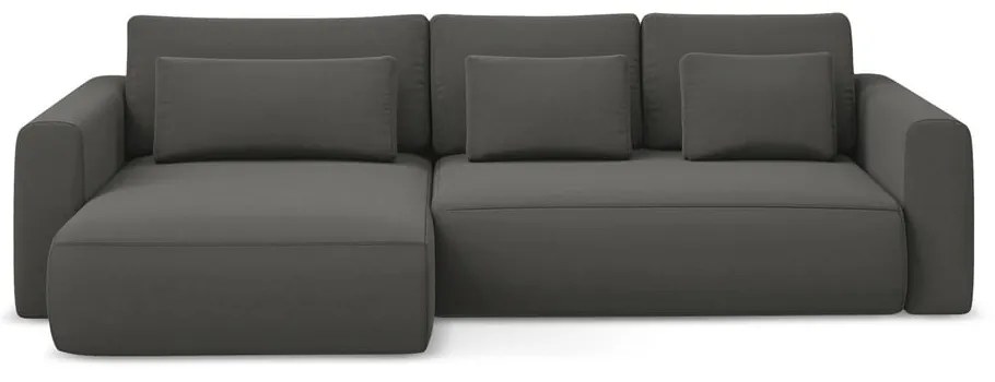 Sötétszürke bársony kinyitható-tárolóhelyes sarokkanapé (bal oldali-heverő résszel) Kapua – Makamii