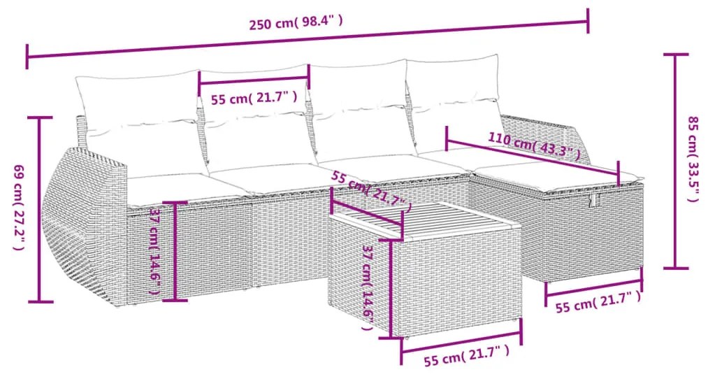 6 részes fekete polyrattan kerti ülőgarnitúra párnákkal