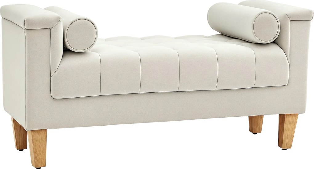 HOMCOM Chenille Kárpitozott Pad, Karfás Ágy Pad 2 Hengerpárnával, Fa Váz, Cipő Pad Hálószobába, Nappaliba, Előszobába 115 x 44 x 58 cm Bézs | Aosom