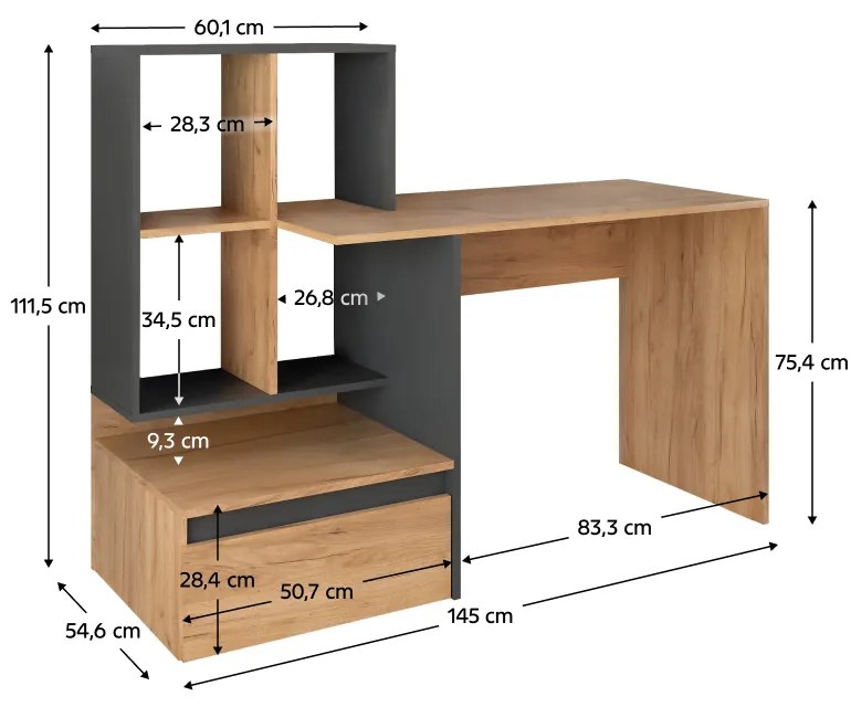 Számítógépasztal, tölgy craft arany/grafit, EROSS NEW