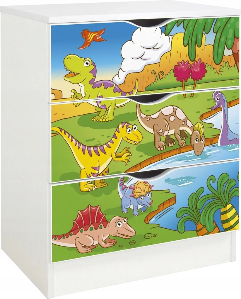 Komód 3 fiókkal, Tágas és robusztus, színes Dino nyomtatás 60x42x78 cm