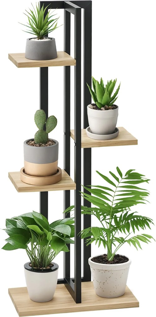 Outsunny 4-rétegű Növényállvány, 110 cm magas Virágállvány Beltérre és Kertbe, Fából készült Növénypolc, Többcélú Virágtartó, Fekete + Természetes Fa