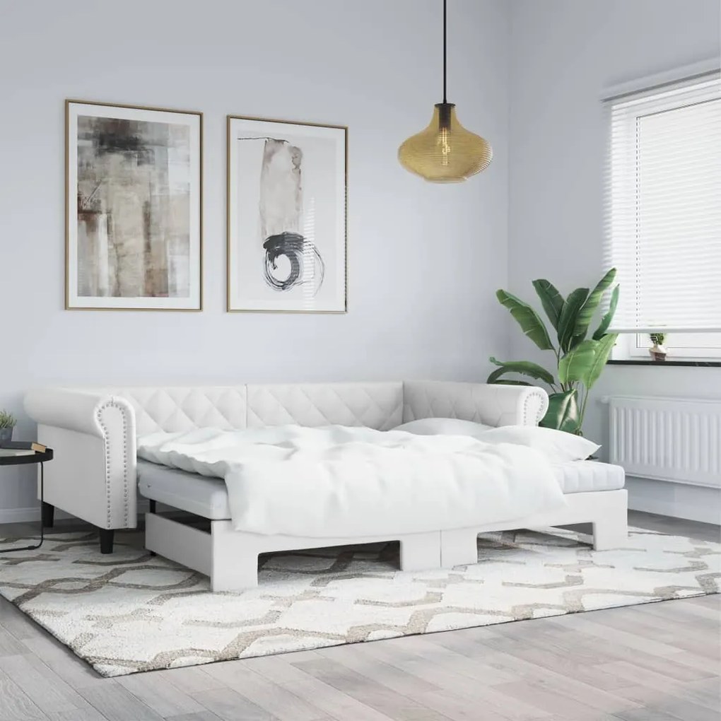 fehér kihúzható műbőr heverő 90 x 200 cm