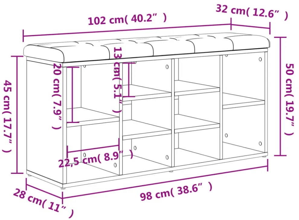 füstös tölgy színű szerelt fa cipőpad 102 x 32 x 50 cm