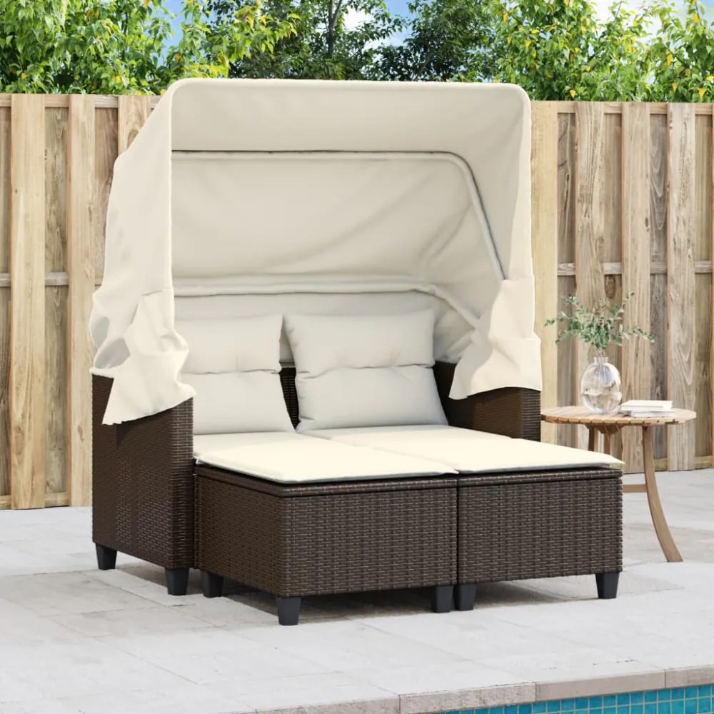 2 személyes barna polyrattan kerti kanapé baldachinnal/székkel
