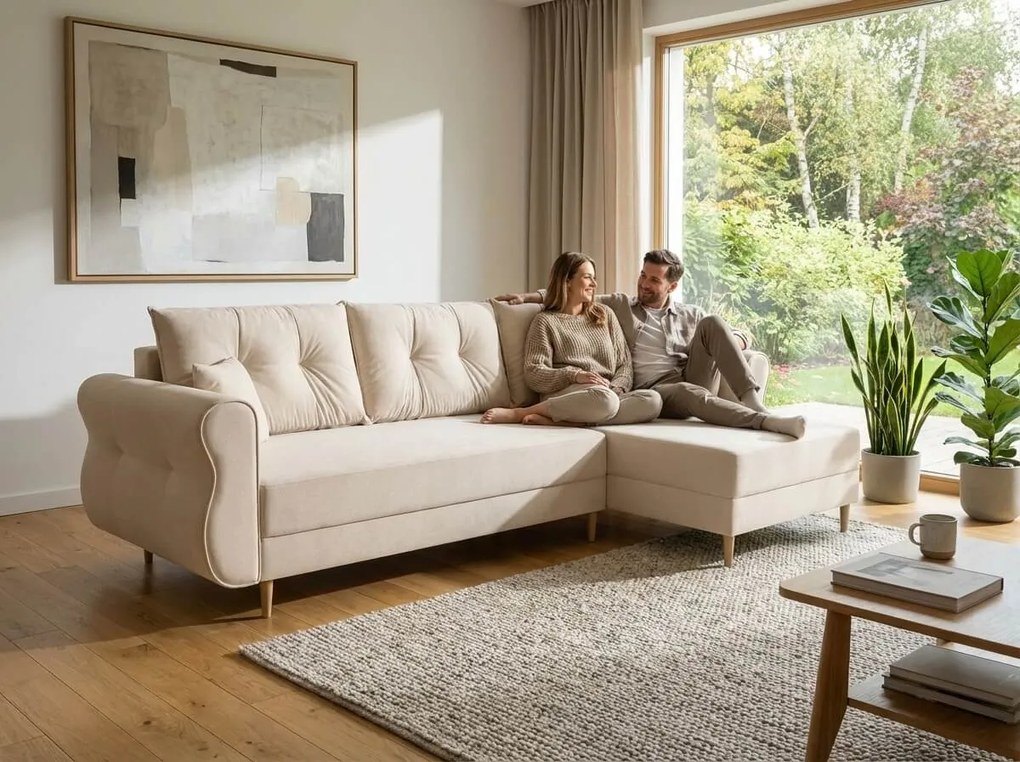 Kihúzható, kétoldalas L-alakú kanapé SILVIANO 230x140 cm, krémszínű